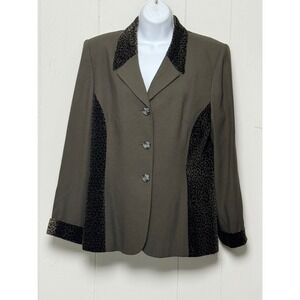 Kasper for ASL Women's Brown Blazer Leopard Print Velvet Trim Size 12